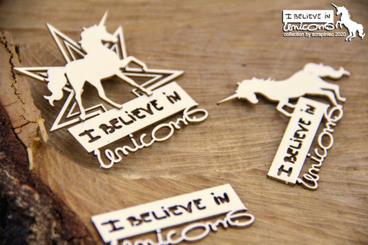 Believe in unicorns - star emblem - decorative ornament, chipboard, Scrapiniec