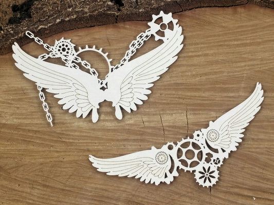 Steampunk - flying hearts - small chained wings  - decorative ornament, chipboard, Scrapiniec