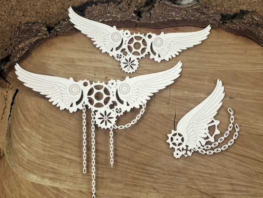 Steampunk - flying hearts - big chained wings - decorative ornament, chipboard, Scrapiniec